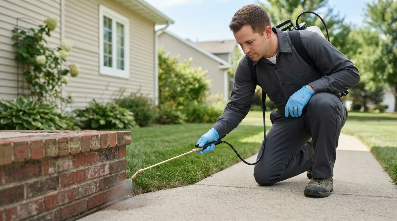 Pest control technician treating a home near Salem, IN